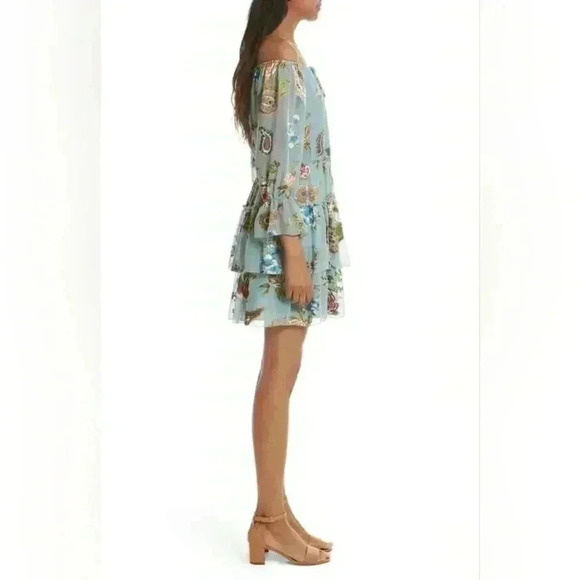 Alice & Olivia Waylon Off The Shoulder Blouson Mini Dress Boho Multi Floral - Picture 7 of 14